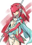  1girl blush breasts fins fish_girl hair_ornament highres jewelry long_hair looking_at_viewer mipha monster_girl multicolored multicolored_skin no_eyebrows red_skin redhead shimo_(s_kaminaka) smile solo the_legend_of_zelda the_legend_of_zelda:_breath_of_the_wild yellow_eyes zora 