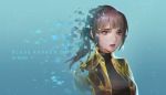  1girl blade_runner blade_runner_2049 brown_eyes brown_hair character_name commentary cyberpunk dissolving dywx_poison hologram jacket joi lips looking_at_viewer pixels ponytail science_fiction signature spoilers 