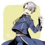  1boy blue_eyes cosplay fullmetal_alchemist gloves male_focus military military_uniform open_mouth roy_mustang roy_mustang_(cosplay) shiki_(hubin) silver_hair smile uniform viktor_nikiforov white_gloves yuri!!!_on_ice 