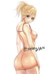  1girl ass blonde_hair blue_eyes breasts brown_dress casual cowboy_shot dress eyebrows_visible_through_hair from_side hair_tie high_ponytail looking_at_viewer looking_to_the_side medium_breasts mercy_(overwatch) no_wings overwatch pink_lips short_hair shoulder_blades simple_background sketch sleeveless sleeveless_dress solo taut_clothes taut_dress twitter_username white_background yoyongsan 