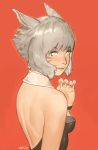  +_+ 1girl animal_ears bare_shoulders bustier cat_ears dated detached_collar facial_mark final_fantasy final_fantasy_xiv grey_eyes hartova_maverick highres looking_at_viewer miqo&#039;te nail_polish profile short_hair silver_hair simple_background smile solo standing upper_body y&#039;shtola 