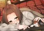  1girl :d animal bangs_pinned_back blurry blush breasts brown_hair carpet cat commentary_request cup depth_of_field dutch_angle forehead grey_sweater indoors kotatsu long_sleeves looking_at_viewer lying medium_breasts mug on_floor on_stomach open_mouth original pet petting plaid rerrere room shelf short_hair smile solo table topknot under_table yellow_eyes 