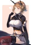  1girl black_jacket blush breasts brown_hair cosplay elbow_gloves fingerless_gloves gloves green_eyes hairband hand_to_own_mouth headgear heart jacket juurouta kantai_collection large_breasts long_sleeves looking_at_viewer midriff miniskirt mutsu_(kantai_collection) nagato_(kantai_collection) nagato_(kantai_collection)_(cosplay) navel one_eye_closed outside_border pink_background radio_antenna red_legwear remodel_(kantai_collection) short_hair simple_background sitting skirt solo white_border 