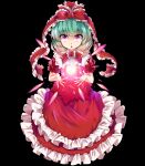  1girl :o alternate_eye_color bangs black_background commentary_request dress e.o. frilled_dress frills front_ponytail full_body glowing green_hair hair_ribbon highres kagiyama_hina layered_dress long_hair looking_at_viewer pink_eyes puffy_short_sleeves puffy_sleeves red_dress red_ribbon ribbon short_sleeves simple_background solo touhou 