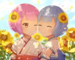  2girls blue_hair closed_eyes detached_sleeves face-to-face flower hair_flower hair_ornament japanese_clothes kimono looking_at_another multiple_girls one_eye_closed pink_eyes pink_hair ram_(re:zero) re:zero_kara_hajimeru_isekai_seikatsu rem_(re:zero) siblings sisters smile sunflower sunflower_hair_ornament twins upper_body x_hair_ornament younger 