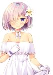  1girl blue_eyes bow breasts choker cleavage collarbone dress fate/grand_order fate_(series) flower gloves hair_flower hair_ornament hair_over_one_eye hibiscus looking_at_viewer medium_breasts mori_airi purple_bow purple_hair ribbon ribbon_choker shielder_(fate/grand_order) shiny shiny_skin short_hair skirt_hold sleeveless sleeveless_dress smile solo standing upper_body white_background white_dress white_flower white_gloves white_ribbon 