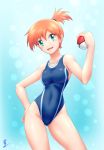  1girl alternate_color aozame_takao blue_background blue_swimsuit competition_swimsuit contrapposto cowboy_shot gluteal_fold gradient gradient_background hand_on_hip highres holding holding_poke_ball kasumi_(pokemon) looking_at_viewer one-piece_swimsuit open_mouth orange_hair poke_ball pokemon pokemon_(game) pokemon_hgss pokemon_rgby print_swimsuit short_hair side_ponytail signature solo swimsuit 