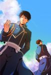  2boys back_turned black_eyes black_hair clouds day frown fullmetal_alchemist hand_in_pocket looking_down maes_hughes male_focus military military_uniform multiple_boys out_of_frame outstretched_hand roy_mustang saka_(724596338) serious shaded_face short_hair sky uniform 