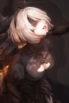  1girl artist_name black_dress black_hairband blindfold breasts chains chin_hold cleavage cleavage_cutout commentary covered_eyes dress feather-trimmed_sleeves feather_trim hair_over_eyes hair_over_one_eye hairband highres juliet_sleeves large_breasts lipstick long_sleeves makeup mole nier_(series) nier_automata open_mouth parted_lips puffy_sleeves red_lips red_lipstick short_hair silver_hair solo_focus sword teeth thececile turtleneck weapon weapon_on_back yorha_no._2_type_b 
