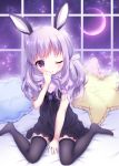  1girl animal_ears chitosezaka_suzu hair_ribbon long_hair one_eye_closed original purple_hair rabbit_ears ribbon thigh-highs violet_eyes 