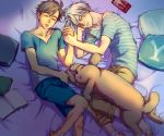  2boys bandage barefoot black_hair book brown_hair cellphone closed_eyes dog from_above hand_holding katsuki_yuuri lying makkachin male_focus marine_(1894271) multiple_boys on_side open_book phone pillow shorts sleeping smartphone smile viktor_nikiforov yaoi yuri!!!_on_ice 