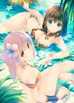  2girls :3 bandeau bikini black_hair breasts cleavage closed_mouth conette_st._honore dungeon_travelers_2 eyebrows_visible_through_hair flower from_above green_eyes highres jewelry large_breasts long_hair looking_at_viewer looking_back lying medium_hair melvy_de_florencia mitsumi_misato multiple_girls navel necklace on_side parted_lips partially_submerged pink_eyes pink_hair side-tie_bikini side_ponytail sitting soaking_feet swimsuit wristband 