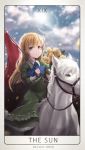  1girl absurdres blonde_hair blue_eyes closed_mouth clouds cloudy_sky day eyebrows_visible_through_hair flag highres holding_flag horse huira444 ib looking_at_viewer mary_(ib) outdoors pixiv_id sky smile solo twitter_username 