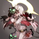  1girl banpai_akira belt bodysuit breasts candy food gloves guilty_gear guilty_gear_xrd halloween halo jack-o_(guilty_gear) lollipop long_hair looking_at_viewer mask multicolored_hair red_eyes redhead smile solo two-tone_hair white_hair 