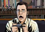  &gt;:( 1boy angry angry_video_game_nerd blue_eyes brown_hair controller couch d:&lt; game_console game_controller glasses hands highres james_rolfe male_focus nes open_mouth real_life shelf shirt suzushiro_(suzushiro333) white_shirt 