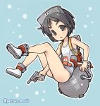  1girl bangs black_hair blue_background boots brown_eyes diving_mask diving_mask_on_head full_body ground_vehicle gun highres kantai_collection looking_at_viewer maru-yu_(kantai_collection) military military_vehicle motor_vehicle omochi_(pettan_omochi) parted_bangs school_swimsuit short_hair solo swimsuit tank thick_eyebrows twitter_username underwater weapon white_school_swimsuit white_swimsuit 