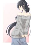  1girl arms_behind_back black_hair brown_eyes casual commentary_request from_behind gradient gradient_background hands_together highres kantai_collection long_hair long_sleeves looking_at_viewer looking_back low_ponytail niwatazumi off-shoulder_shirt original pink_background ribbed_sweater shirt sidelocks skirt sleeves_past_wrists smile solo sweater tatebayashi_sakurako 