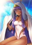  1girl animal_ears bangs blush clouds dark_skin day earrings facial_mark fate/grand_order fate_(series) hair_between_eyes hair_tubes hairband highres hoop_earrings jackal_ears jewelry long_hair looking_at_viewer medjed nitocris_(fate/grand_order) nitocris_(swimsuit_assassin)_(fate) nose_blush one-piece_swimsuit outdoors pantsu_majirou parted_lips purple_hair sitting smile solo swimsuit very_long_hair violet_eyes 