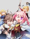  2girls 3boys armor bandeau black_bow blonde_hair blue_eyes bow braid cape clarent commentary fang fate/apocrypha fate/grand_order fate_(series) french_braid gauntlets hair_ribbon headpiece highres long_hair looking_at_viewer multicolored_hair multiple_boys multiple_girls open_mouth pink_hair ponytail ribbon rider_of_black ruler_(fate/apocrypha) saber_of_red scrunchie shishigou_kairi sieg_(fate/apocrypha) silver_background single_braid smile standard_bearer streaked_hair trap violet_eyes xin_yu_hua_yin 