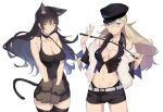  2girls animal_ears black_hair blake_belladonna blonde_hair blush breasts cat_ears cat_tail cleavage commentary halloween halloween_costume hat jacket large_breasts long_hair looking_at_viewer medium_breasts multiple_girls navel open_clothes open_jacket riding_crop rwby short_shorts shorts standing tail violet_eyes yang_xiao_long yellow_eyes 