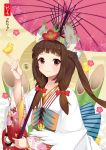  1girl 2017 absurdres blush bow brown_eyes brown_hair closed_mouth eyebrows flower hair_bow hair_flower hair_ornament highres holding holding_umbrella long_hair long_sleeves looking_at_viewer original parasol red_bow smile solo umbrella upper_body xian_yu_zhanshi 