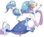  aquna blue_eyes blue_hair closed_mouth commentary_request from_side full_body hair_bobbles hair_ornament long_hair no_humans pokemon pokemon_(creature) primarina simple_background solo very_long_hair white_background 