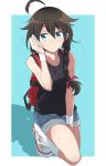 _shorts alternate_costume bag bare_arms bare_shoulders blue_eyes brown_hair closed_mouth commentary_request converse cropped_legs eyebrows_visible_through_hair hair_between_eyes hair_flaps hair_ribbon kantai_collection leg_up long_hair red_ribbon remodel_(kantai_collection) shigure_(kantai_collection) short_shorts single_braid tank_top white_legwear 