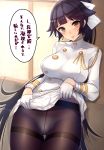  1girl aiguillette azur_lane bangs black_hair black_legwear blunt_bangs blush bow breasts gloves gusset hair_bow hair_flaps half_gloves highres indoors large_breasts lifted_by_self long_hair long_sleeves looking_at_viewer mappaninatta military military_uniform panties panties_under_pantyhose pantyhose parted_lips ponytail sidelocks skirt smile solo speech_bubble takao_(azur_lane) thighband_pantyhose tsurime underwear uniform very_long_hair white_gloves white_panties white_skirt window 