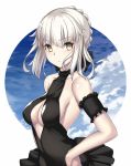  1girl arm_strap artoria_pendragon_(swimsuit_rider_alter)_(fate) black_ribbon black_swimsuit breasts cleavage cleavage_cutout fate/grand_order fate_(series) hair_between_eyes hair_ribbon hand_on_hip highres looking_at_viewer medium_breasts ribbon shiny shiny_skin short_hair_with_long_locks sideboob sidelocks silver_hair simple_background solo standing swimsuit takanashi-a upper_body white_background yellow_eyes 