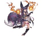  1girl animal_ears bangs bare_shoulders bell black_hair breasts dress elbow_gloves erun_(granblue_fantasy) fox_ears fox_tail full_body fur_trim gloves granblue_fantasy grin hair_ornament kneeling looking_at_viewer looking_back medium_breasts minaba_hideo official_art short_dress smile solo tail thigh-highs thigh_strap toeless_legwear transparent_background violet_eyes yuel_(granblue_fantasy) 