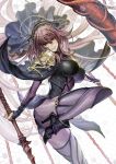  1girl bodysuit breasts breasts_apart brown_hair dobin_(user_zrwj3742) eyebrows_visible_through_hair fate/grand_order fate_(series) floating_hair hair_between_eyes high_heels holding holding_weapon large_breasts long_hair looking_at_viewer polearm red_eyes scathach_(fate/grand_order) smile solo spear very_long_hair weapon 