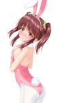  1girl animal_ears ass bow bowtie breasts brown_eyes brown_hair bunny_tail bunnysuit cowboy_shot detached_collar from_behind highres idolmaster idolmaster_cinderella_girls leotard long_hair looking_at_viewer ogata_chieri pantyhose pink_leotard pink_neckwear rabbit_ears sideboob simple_background small_breasts solo strapless strapless_leotard tail twintails u2_(5798239) white_background white_legwear wrist_cuffs 