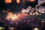  1girl absurdres black_hair cherry_blossoms closed_eyes closed_mouth facing_viewer highres long_hair original partially_submerged rokku sky_lantern solo water 