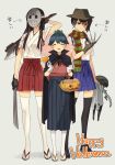 3girls a_nightmare_on_elm_street akagi_(kantai_collection) brown_eyes brown_hair claws cosplay freddy_krueger freddy_krueger_(cosplay) friday_the_13th gloves hakama hakama_skirt halloween happy_halloween hat hockey_mask houshou_(kantai_collection) japanese_clothes jason_voorhees jason_voorhees_(cosplay) kaga_(kantai_collection) kantai_collection long_hair mask multiple_girls partly_fingerless_gloves ponytail side_ponytail smile striped thigh-highs translation_request trick_or_treat weapon yamashiki_(orca_buteo) 