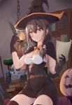  1girl absurdres blush breasts brown_eyes brown_hair cleavage cowboy_shot girls_frontline gloves hair_ornament halloween halloween_costume hat helianthus_(girls_frontline) highres ky_(ky990533) looking_at_viewer medium_breasts monocle ponytail pumpkin quill skull skull_hair_ornament solo witch_hat 