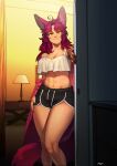  1girl abs absurdres ahoge animal_ears artist_name commission crop_top crop_top_overhang feet_out_of_frame highres indoors iori_(ryushiko) lamp looking_at_viewer navel orange_eyes original pgm300 purple_hair shorts smile solo standing tail toned watermark 