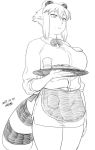  1girl animal_ears apron araiguma-san bow bowtie breasts commentary cowboy_shot cup dated eating expressionless eyebrows_visible_through_hair food food_on_face greyscale large_breasts line_shading miniskirt monochrome name_tag original pencil_skirt raccoon_ears raccoon_tail short_hair signature skirt solo tail tray tsukudani_(coke-buta) waitress 