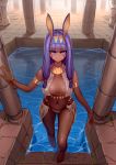  1girl animal_ears armlet bangle bangs bare_legs barefoot blue_eyes blunt_bangs bracelet breasts breasts_apart closed_mouth column egyptian_clothes eyebrows_visible_through_hair facial_mark fate/grand_order fate_(series) full_body hairband highres jewelry long_hair looking_at_viewer low-tied_long_hair medium_breasts navel nitocris_(fate/grand_order) pillar pool purple_hair rabbit_ears revealing_clothes see-through sidelocks smile soaking_feet solo stairs standing thighs tsurime two-tone_hairband very_long_hair virgosdf wet wet_clothes 