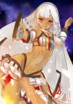  1girl altera_(fate) bangs bare_shoulders breasts cellphone cowboy_shot dancing dark_skin detached_sleeves fate/extella fate/extra fate/grand_order fate_(series) frills holding looking_at_viewer midriff nail_polish navel phone red_eyes senbon_tsuki short_hair sky small_breasts smartphone smile solo star_(sky) starry_sky stomach sweatdrop tattoo teeth veil white_hair 