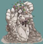  1girl :d absurdres blue_background breasts brown_eyes commentary dorome_(monster_girl_encyclopedia) drooling eyebrows_visible_through_hair flower gem goo_girl grey_hair grey_skin hair_between_eyes head_wreath hhhori highres large_breasts large_hands legs_together long_hair looking_at_viewer monster_girl monster_girl_encyclopedia mud no_feet no_pupils nude open_mouth pointy_ears red_rose rose saliva simple_background smile solo 