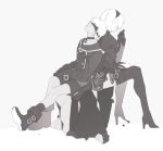  1boy 1girl android blindfold boots double-breasted dress gloves greyscale hairband hamha_s high_heels leaning_on_person monochrome nier_(series) nier_automata sitting smile white_hair yorha_no._2_type_b yorha_no._9_type_s 