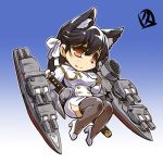  1girl animal_ears atago_(azur_lane) azur_lane black_hair black_legwear bow brown_eyes chibi commentary_request epaulettes fox_ears gloves gradient gradient_background hair_bow hair_ribbon high_heels hisahiko katana long_hair looking_at_viewer machinery military military_uniform miniskirt ponytail ribbon simple_background skirt smile solo sword thigh-highs turret uniform weapon white_gloves zettai_ryouiki 