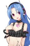  1girl 5pb_(choujigen_game_neptune) blancpig_yryr blue_hair headphones highres navel neptune_(series) open_mouth pink_eyes simple_background smile solo tattoo white_background 
