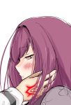  1girl blush command_spell fate/grand_order fate_(series) heart heart-shaped_pupils long_hair pauldrons purple_hair scathach_(fate/grand_order) simple_background slept_(re_mix) solo_focus symbol-shaped_pupils violet_eyes white_background 