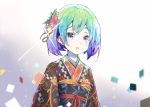  androgynous bangs blue_eyes blue_hair commentary diamond diamond_(houseki_no_kuni) flower gradient_hair hair_flower hair_ornament houseki_no_kuni japanese_clothes kimono long_sleeves looking_at_viewer mitu_yang multicolored multicolored_eyes multicolored_hair obi parted_lips purple_hair sash short_hair solo upper_body violet_eyes 