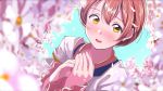  1girl absurdres astil_be blue_sky blurry blush cherry_blossoms commentary_request depth_of_field highres hoshizora_rin looking_at_viewer love_live! love_live!_school_idol_festival love_live!_school_idol_project open_mouth orange_hair portrait short_hair sky solo yellow_eyes 