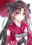 1girl akaya_(pixiv20545353) black_gloves black_ribbon blush brown_hair earrings eyebrows_visible_through_hair fate/grand_order fate/hollow_ataraxia fate_(series) floral_print gloves hair_between_eyes hair_ribbon highres holding holding_umbrella ishtar_(fate/grand_order) japanese_clothes jewelry kimono long_hair looking_at_viewer parted_lips red_eyes red_kimono red_umbrella ribbon simple_background solo standing tohsaka_rin twintails umbrella upper_body very_long_hair white_background yukata 