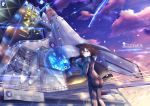  1girl aircraft airplane blue_eyes bodysuit brown_hair chinchongcha clouds falling_star fighter_jet headwear_removed helmet helmet_removed highres holding holding_helmet holographic_monitor jet launch_pad launch_tower looking_at_viewer military military_vehicle original outdoors rocket short_hair sky solo space_craft space_shuttle star_(sky) starry_sky sunset wind 
