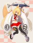  1girl :d animal_ears arms_up black_legwear blonde_hair commentary_request eyebrows_visible_through_hair fish fox_ears fox_tail full_body hair_between_eyes holding holding_fish japanese_clothes karioki_sumi kimono long_hair long_sleeves looking_at_viewer midriff mogami_yoshiaki_(sengoku_bushouki_muramasa) multiple_tails navel open_mouth platform_footwear pleated_skirt red_eyes red_skirt sandals sengoku_bushouki_muramasa skirt smile socks socks_over_thighhighs solo tail thigh-highs very_long_hair white_legwear wide_sleeves 