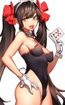  1girl :p animal_ears bare_shoulders blush bow breasts brown_eyes brown_hair bunny_girl bunny_tail bunnysuit card cleavage contrapposto covered_navel cowboy_shot detached_collar fake_animal_ears from_side girls_frontline gloves hair_bow hand_on_hip highleg highleg_leotard highres leotard long_hair looking_at_viewer necktie playing_card qbz-97_(girls_frontline) rabbit_ears sideboob simple_background small_breasts solo tail tongue tongue_out twintails very_long_hair white_background white_gloves ya+ma 